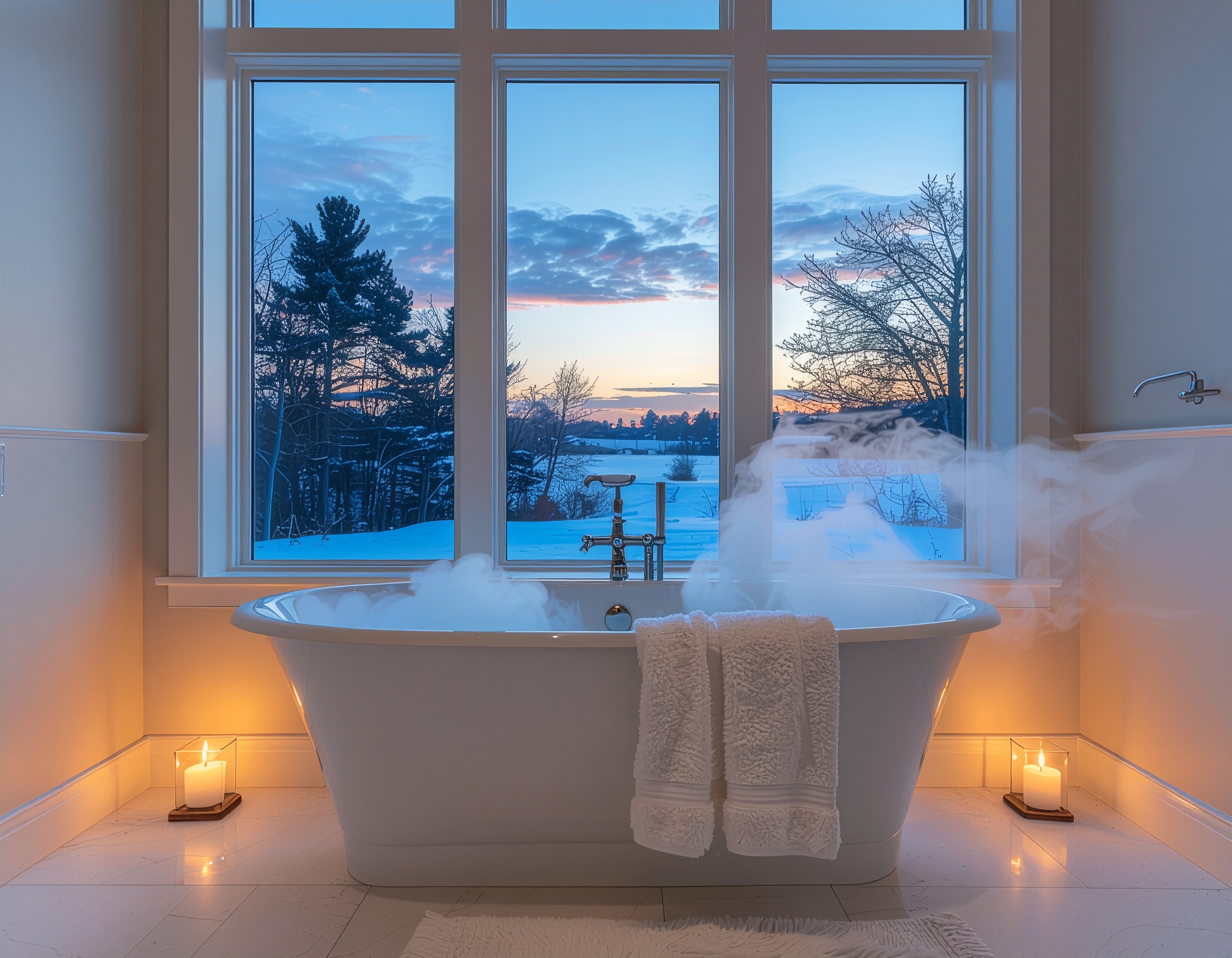 Luxurious Bathtub in Elegant Bathroom with Snowy Landscape